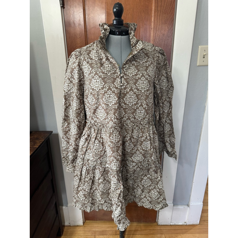 Hyacinth House Ruffle Neck Dress S NWT | Brown Ivory Floral Prairie Style